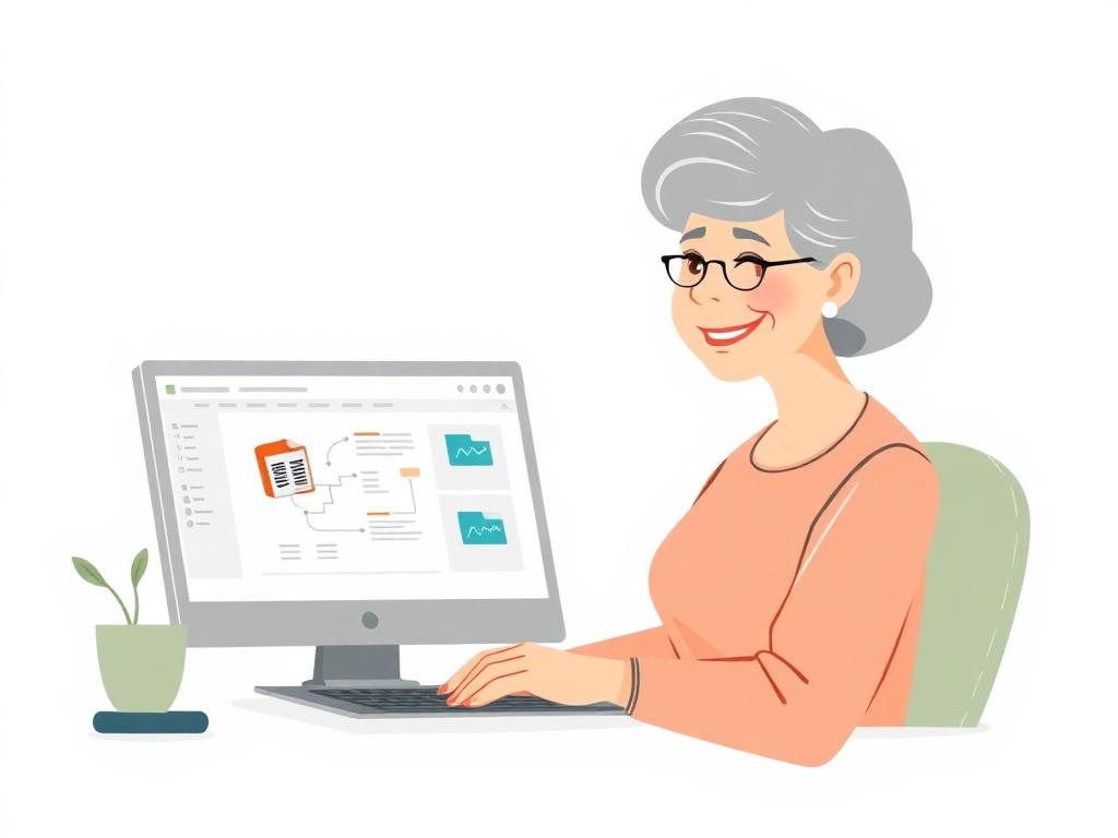 An older woman smiling confidently while using a computer to learn Microsoft Office.
